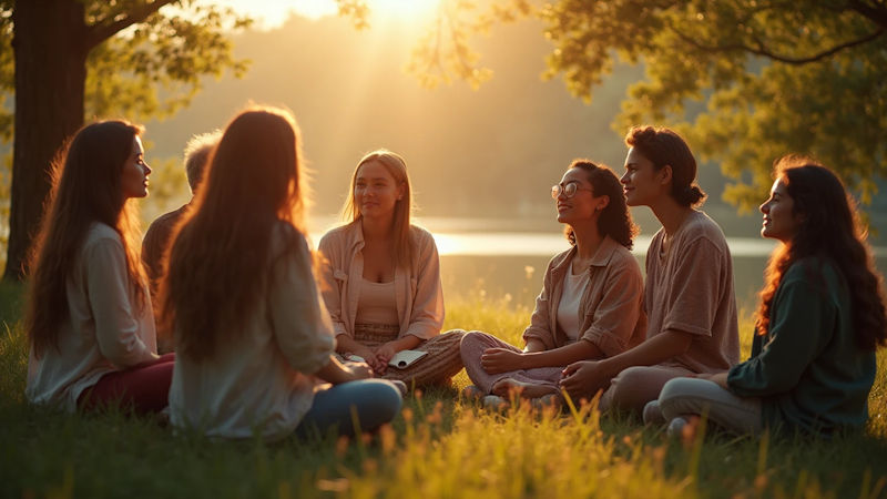 Ομάδα ανθρώπων να κάθεται ειρηνικά σε έναν ηλιόλουστο κύκλο σε ένα φυσικό περιβάλλον