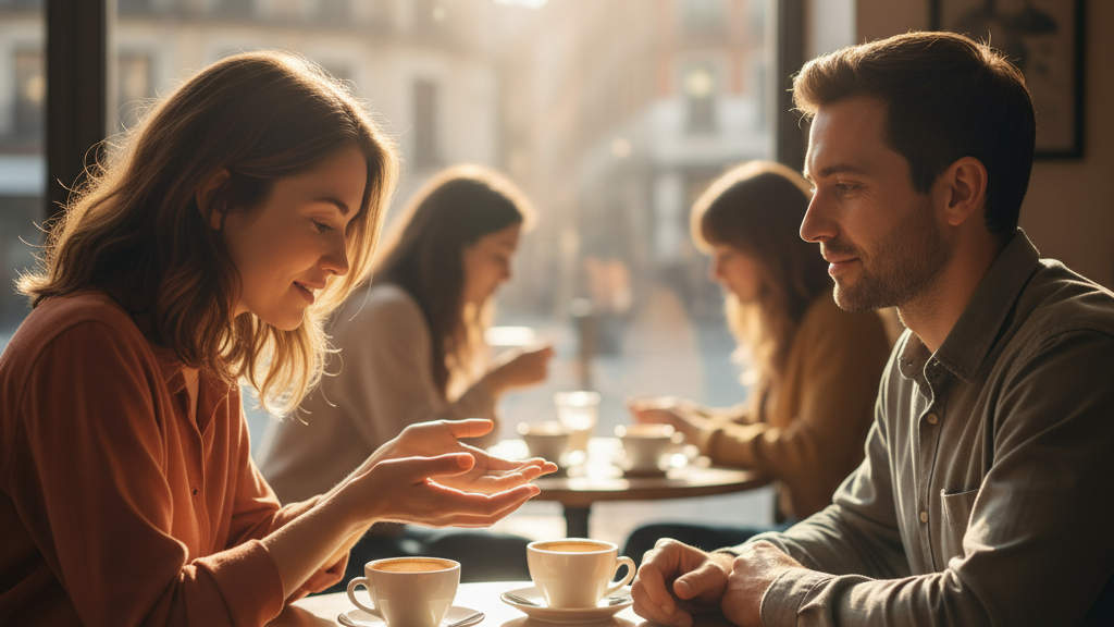 Ζευγάρι που κάθοντε το ένα απέναντι από το άλλο σε ένα μικρό τραπέζι καφέ