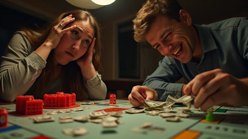 Γυναίκα και άντρα δείχνουν τα πραγματικά οικονομικά συναισθήματα παίζοντας Monopoly