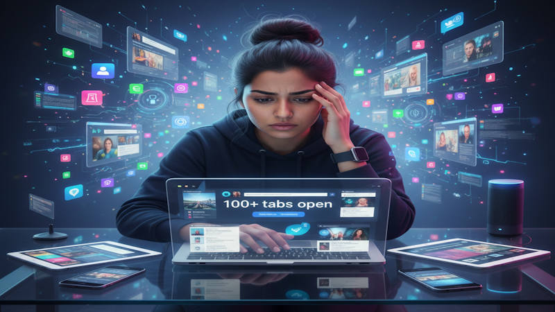 Γυναίκα βλέπει πολλές οθόνες